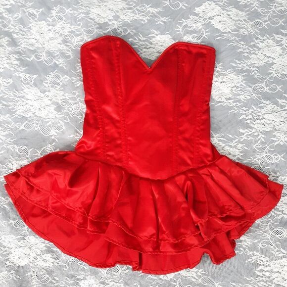 M 25"-28" Steel Boned Top Drawer Red Satin corset ruffled mini strapless  dress - Picture 1 of 6